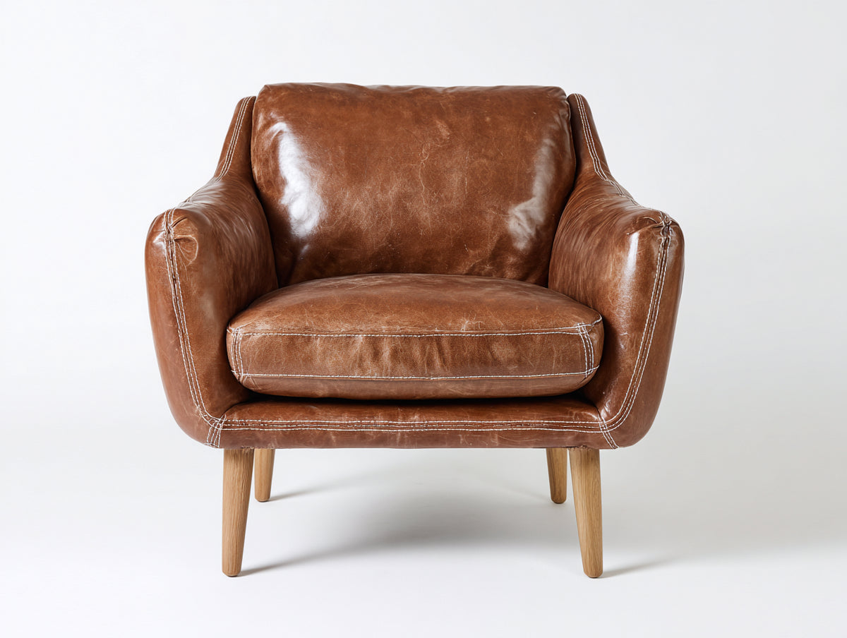 Fauteuil-Cuir-Bois-88 x 82 x 84 cm-Brun cognac-Vintage