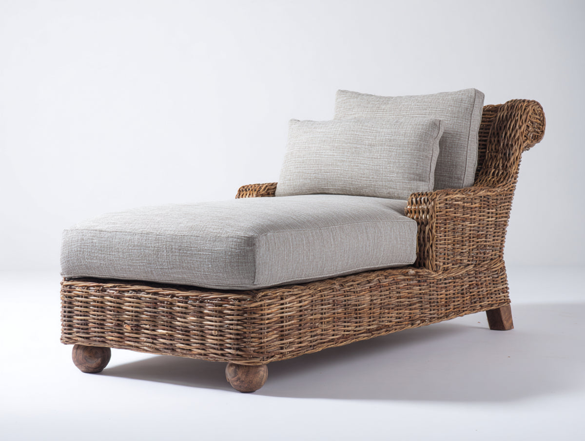Bain de soleil - Rotin tressé-bois-tissu - 175 x 78 x 92 cm - Beige-Marron naturel - Style bohème