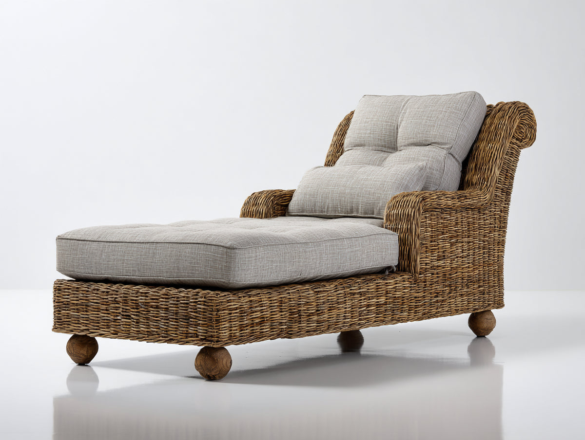 Bain de soleil - Rotin-bois-textile - 195 x 85 x 95 cm - Marron-Beige clair - Style classique