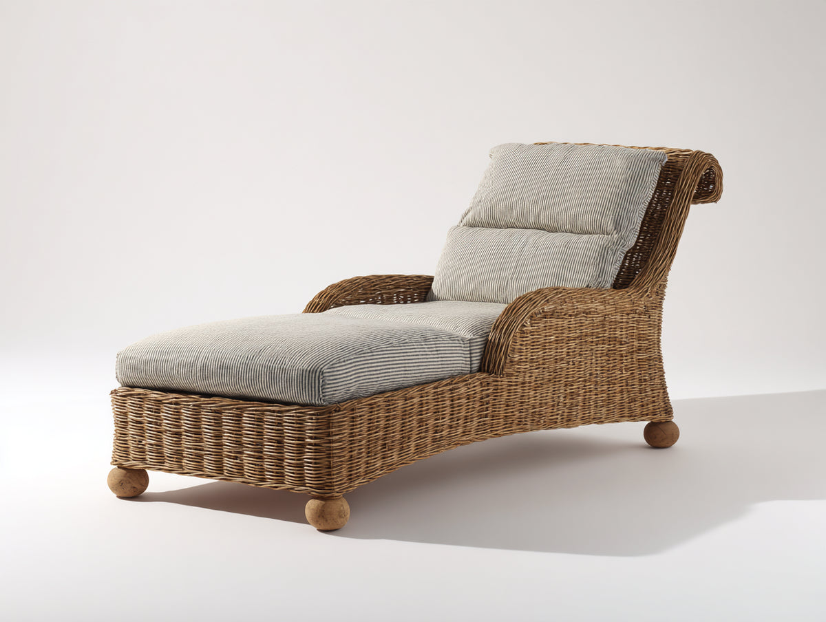 Bain de soleil - Rotin-bois-textile - 192 x 82 x 96 cm - Marron-Gris beige - Style classique