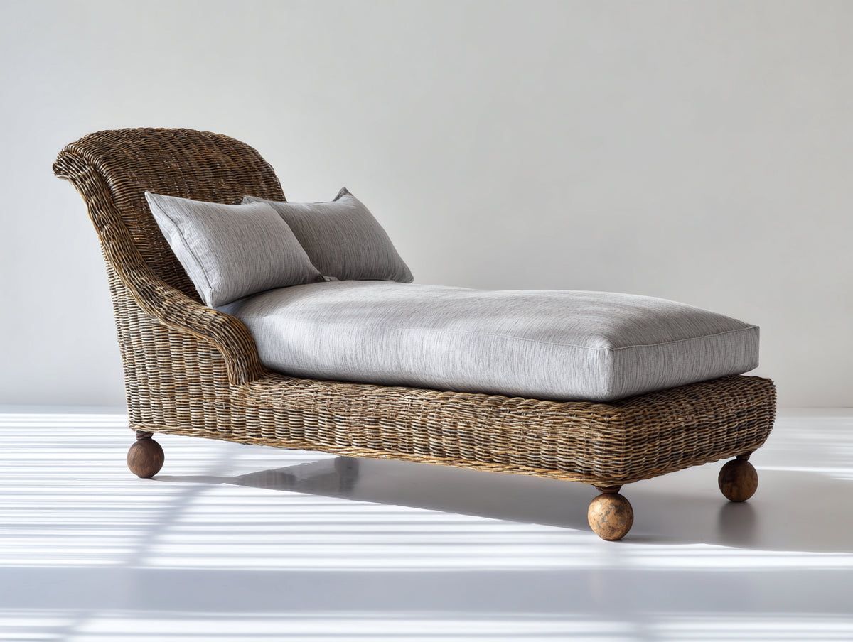 Bain de soleil - Rotin-bois-textile - 198 x 86 x 94 cm - Marron-Gris clair - Style classique