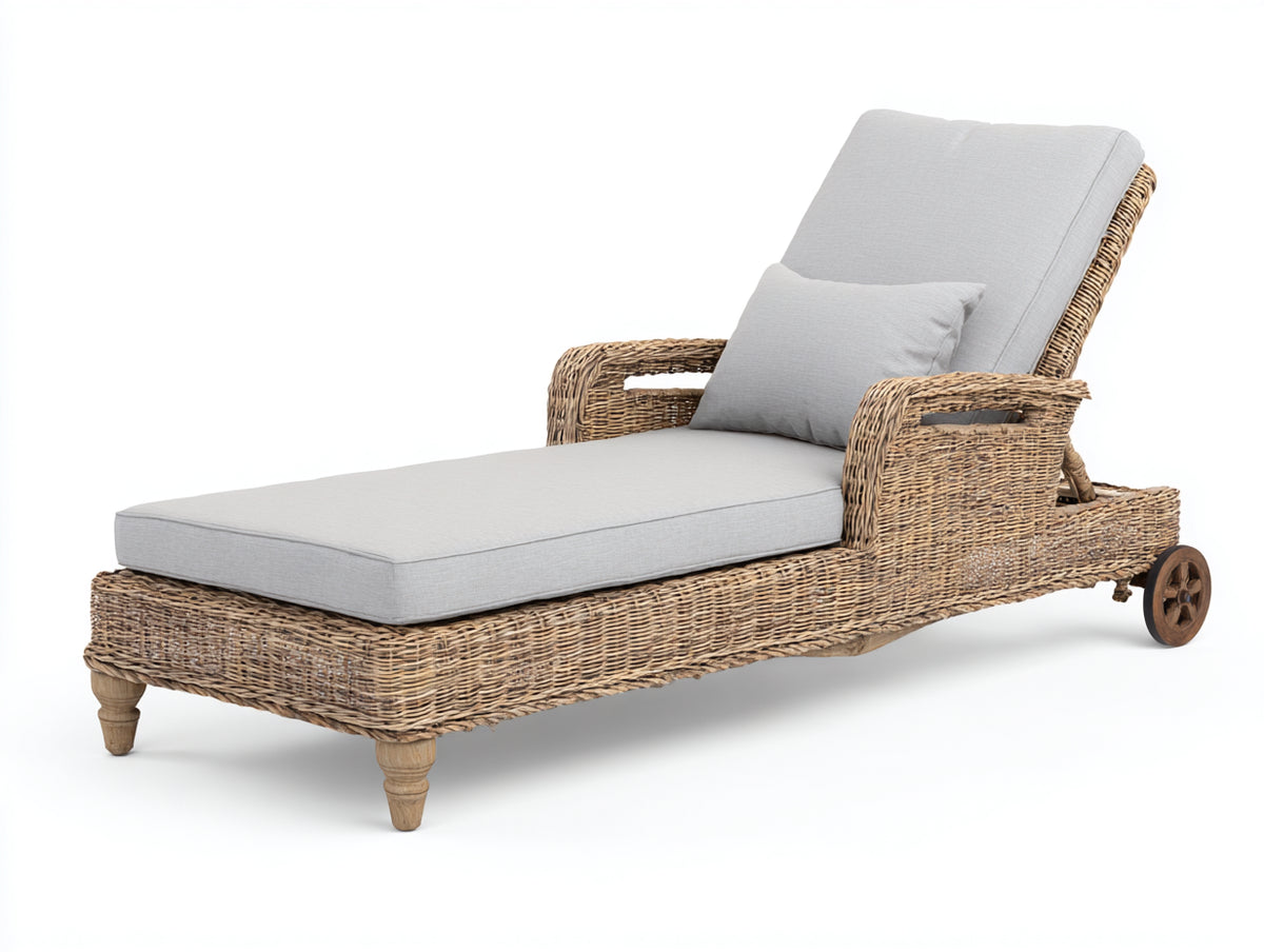 Bain de soleil - Résine tressée-bois-textile - 205 x 78 x 98 cm - Beige-Gris clair - Style naturel