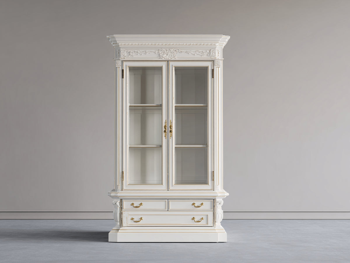 Vitrine - Bois d'ingénierie - Verre - 105 x 45 x 210 cm - Blanc-Or - Style classique